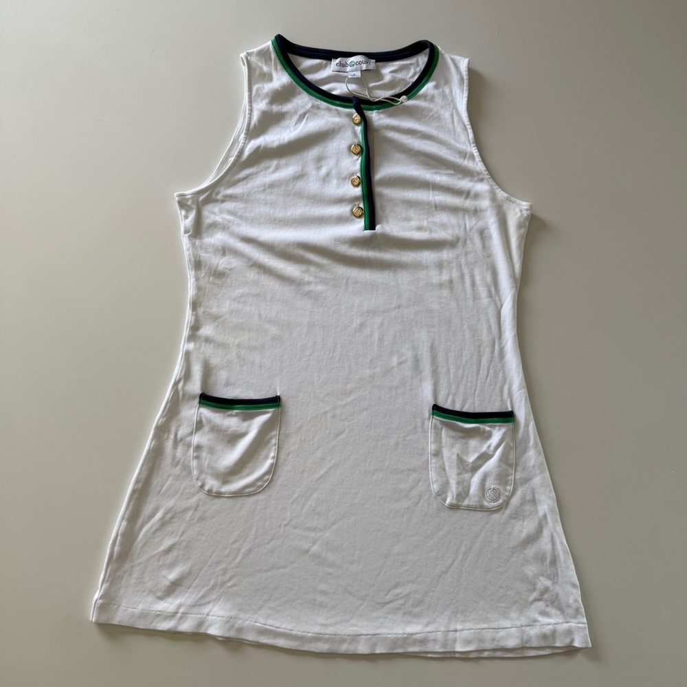 Club & Court-Chrissy Dress-White-Tank Dress- Green Navy Trim-Gold Buttons-Size M